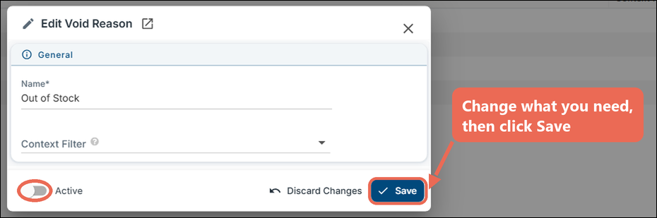 The Edit Void Reason window for Out of Stock with Active turned off and the Save button marked