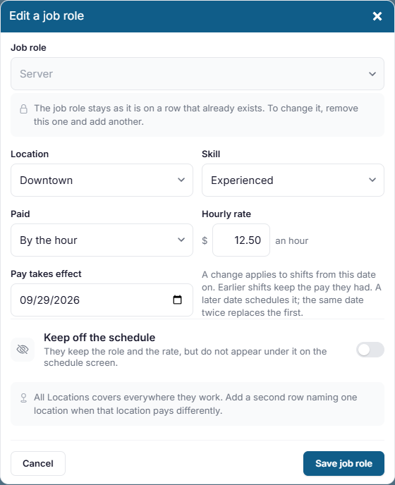 The Edit a job role window