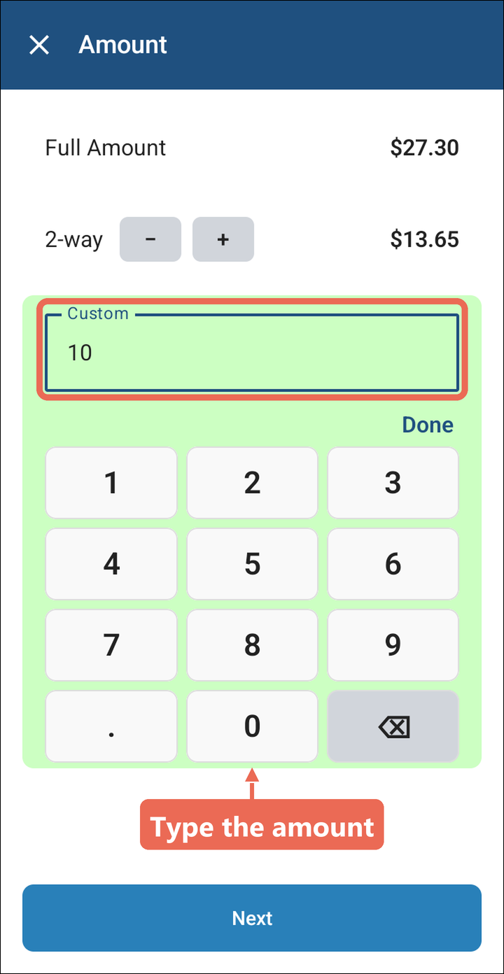 The Amount screen with 10 typed in Custom