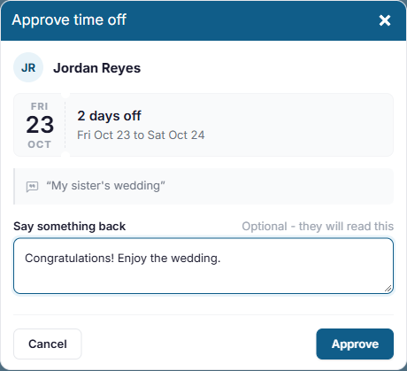 The Approve time off window, with a message to the employee