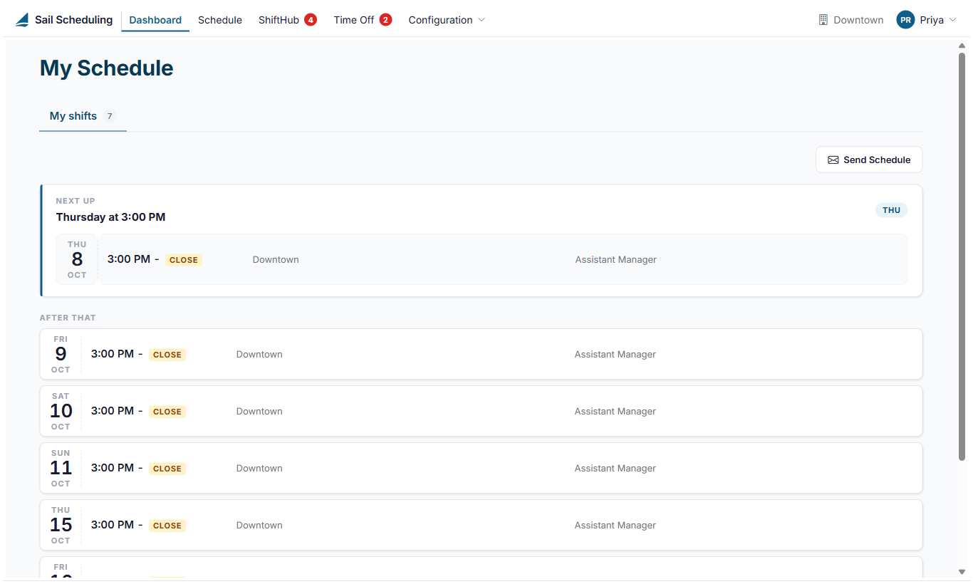 The Dashboard, showing your upcoming shifts