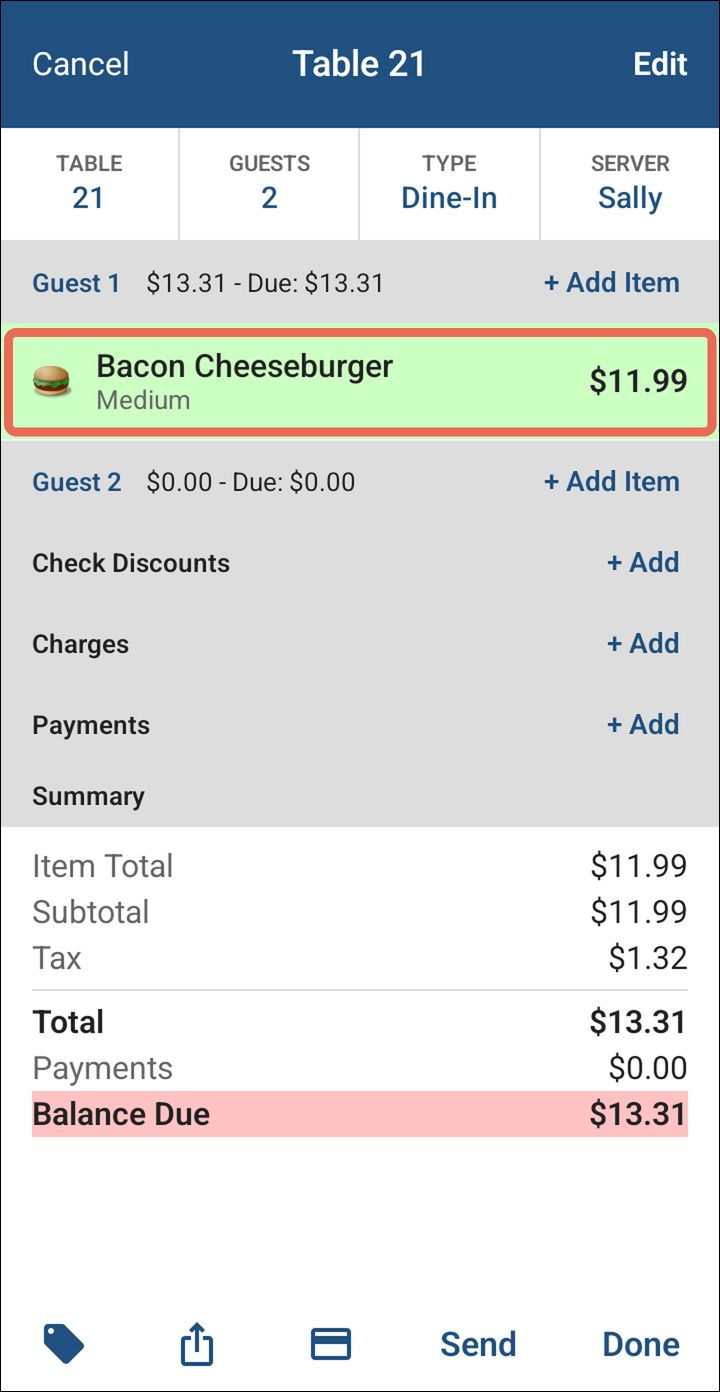 Table 21 with a Bacon Cheeseburger, Medium, on Guest 1 marked