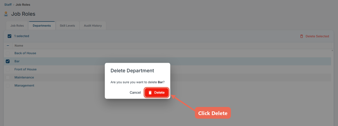The Delete Department window asking whether to delete Bar, with the Delete button marked