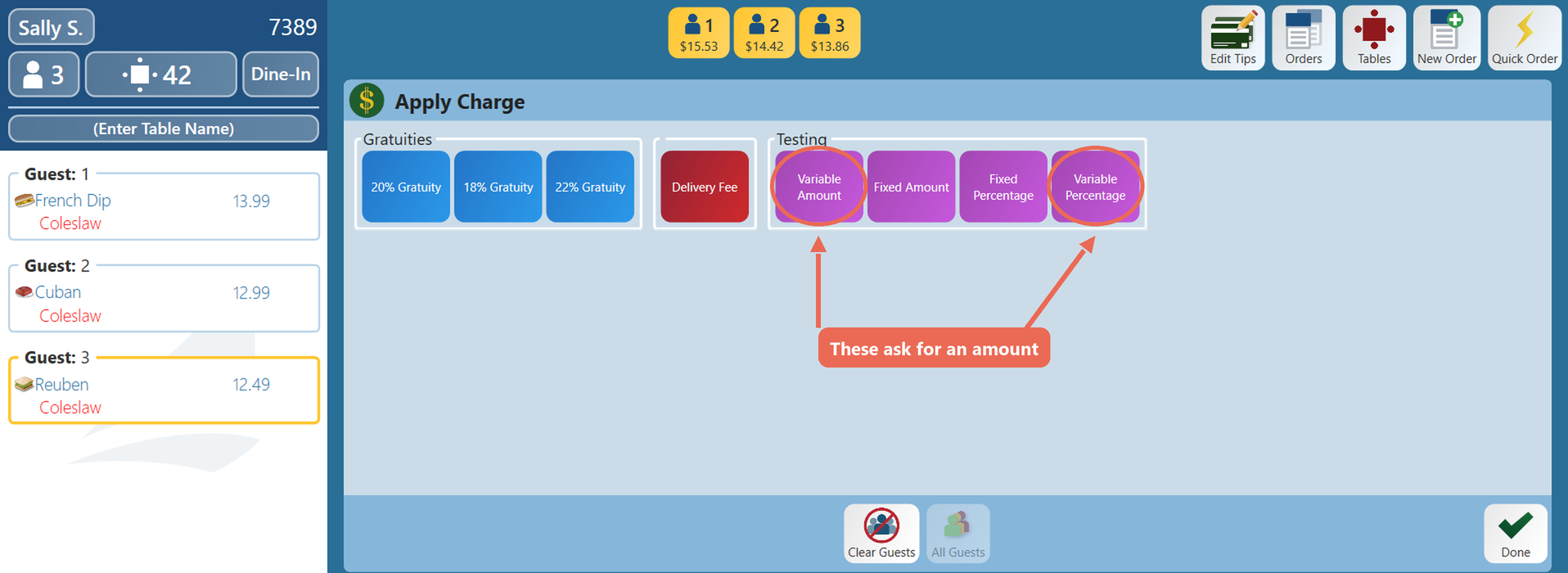 The Apply Charge screen with the Variable Amount and Variable Percentage buttons circled