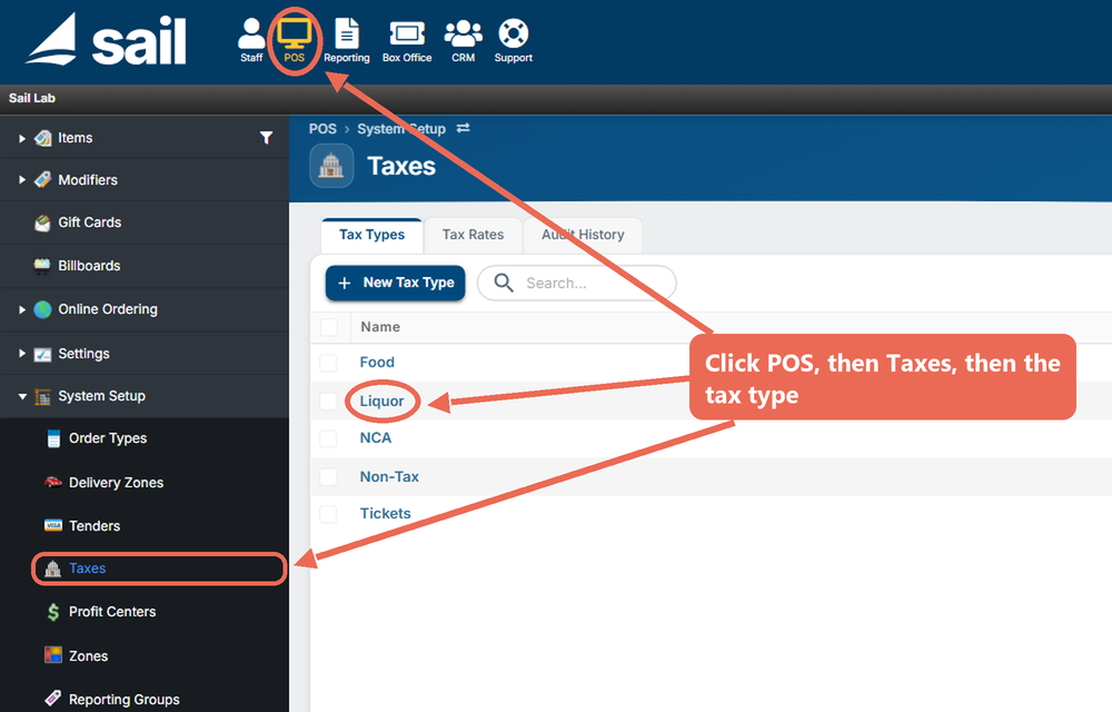 Backoffice with POS at the top, Taxes in the left menu and the Liquor tax type in the list marked