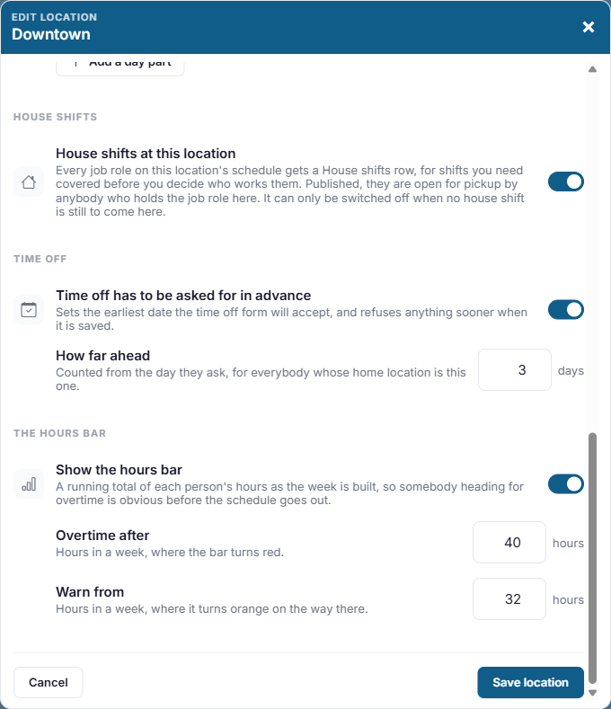 The time off and hours bar settings