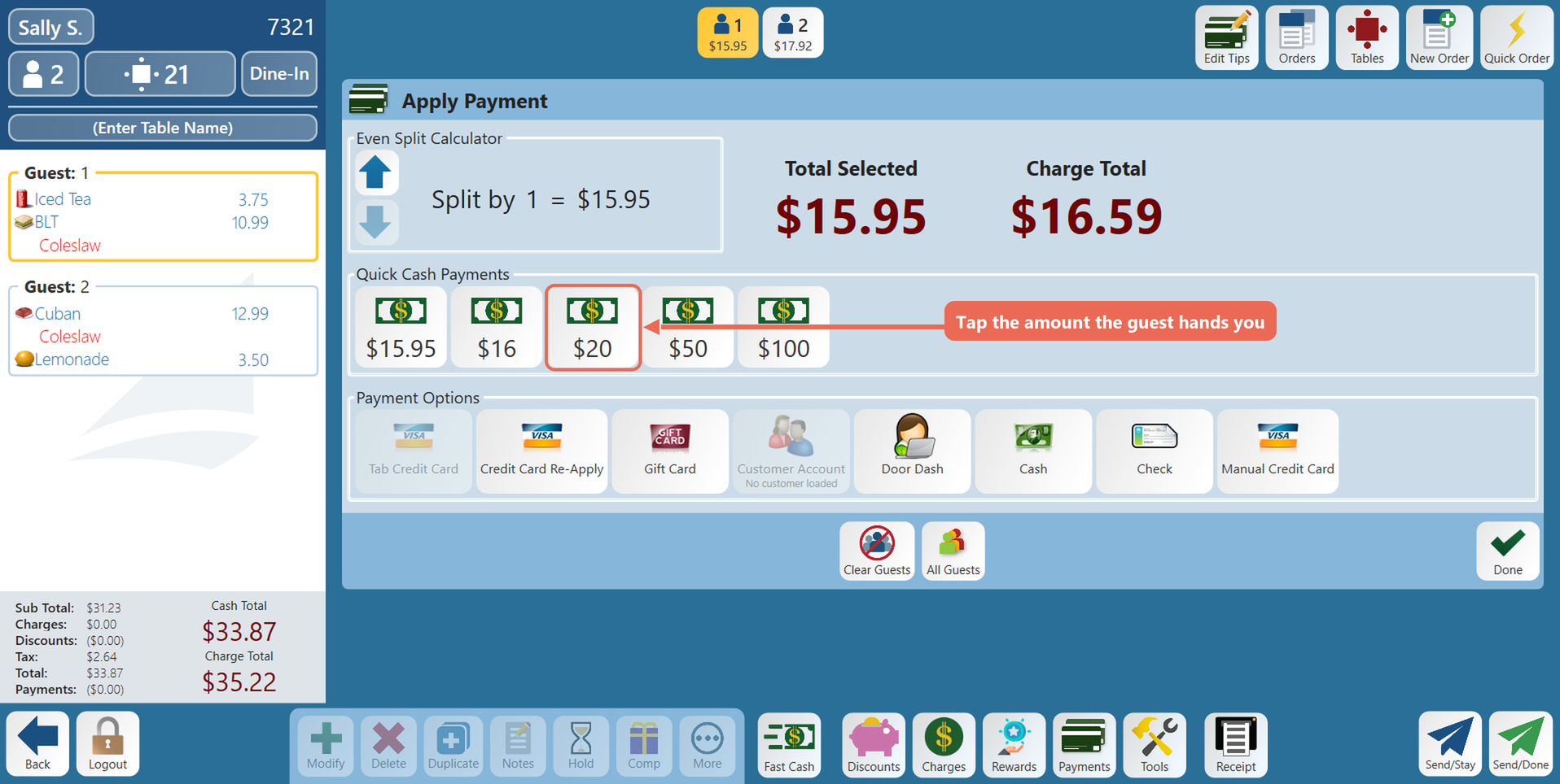 Quick Cash Payments for a $15.95 balance: $15.95, $16, $20, $50 and $100, the $20 button boxed