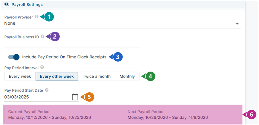 The Payroll Settings box with Payroll Provider marked 1, Payroll Business ID 2, Include Pay Period On Time Clock Receipts 3, Pay Period Interval 4, Pay Period Start Date 5 and the Current and Next Payroll Period 6
