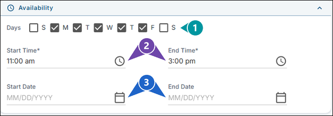 The Availability section set to Monday through Friday from 11:00 am to 3:00 pm, with Days, Start and End Time, and Start and End Date marked 1 to 3