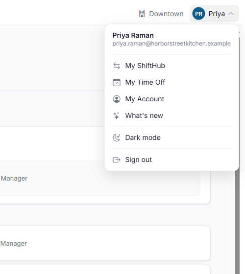 The account menu