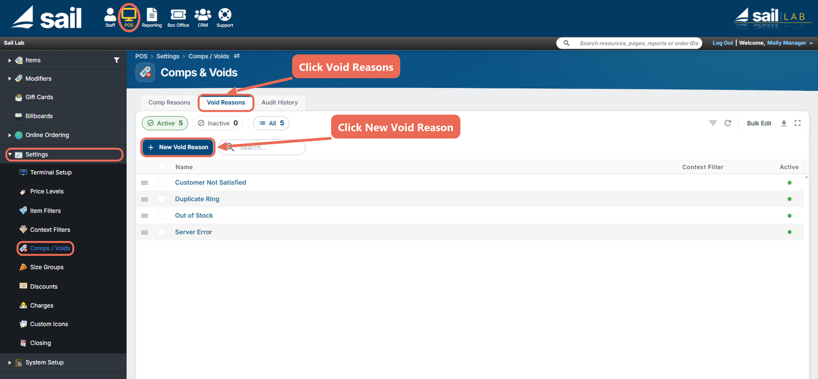 Backoffice with POS at the top, Settings and Comps / Voids in the left menu, the Void Reasons tab and the New Void Reason button marked