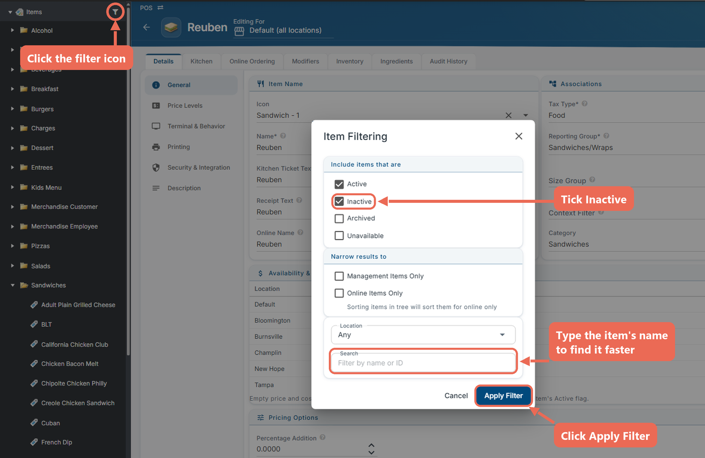 The Item Filtering window with Inactive checked, the Search box and Apply Filter marked