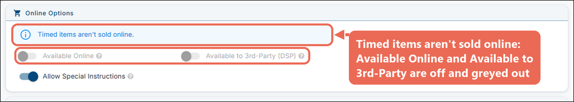 The Online Ordering tab of the Pool Table: Timed items aren't sold online, with Available Online and Available to 3rd-Party (DSP) off and greyed out