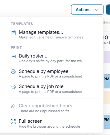 The Print section of the Actions menu