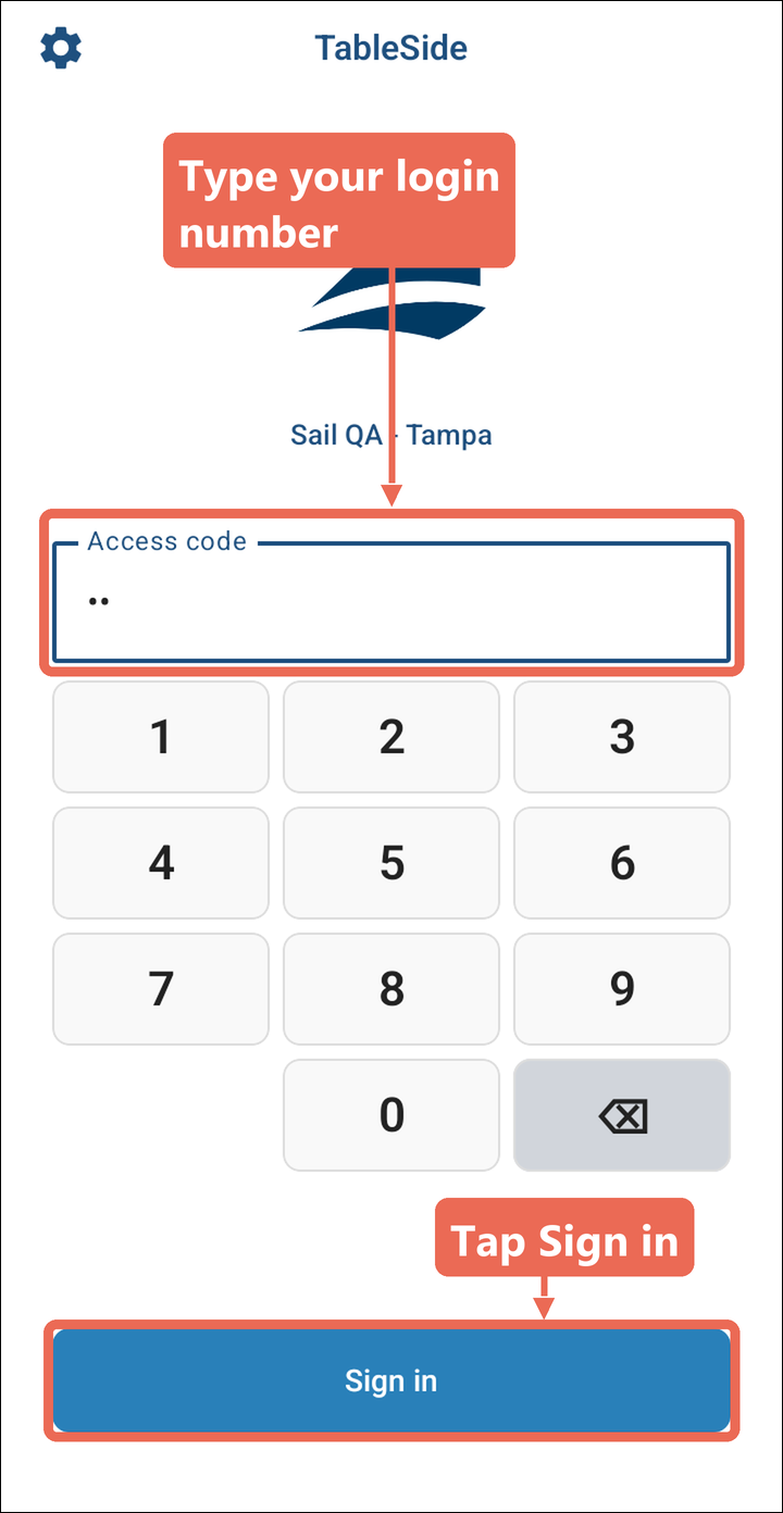 The handheld's login screen with the Access code box and the Sign in button marked