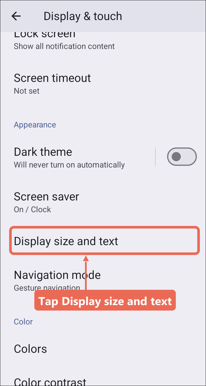 The Display & touch screen with Display size and text marked