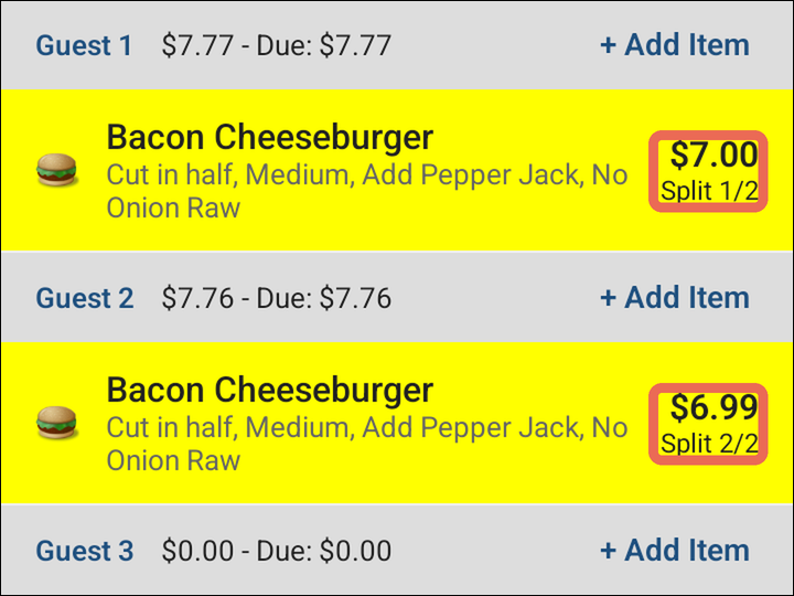 The order with the Bacon Cheeseburger on Guest 1 at $7.00, Split 1/2, and on Guest 2 at $6.99, Split 2/2, both marked