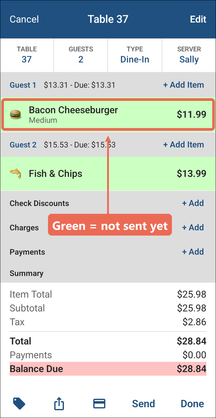 Table 37 with the green Bacon Cheeseburger marked: not sent yet