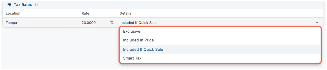 The Details drop-down open with Exclusive, Included In Price, Included If Quick Sale and Smart Tax