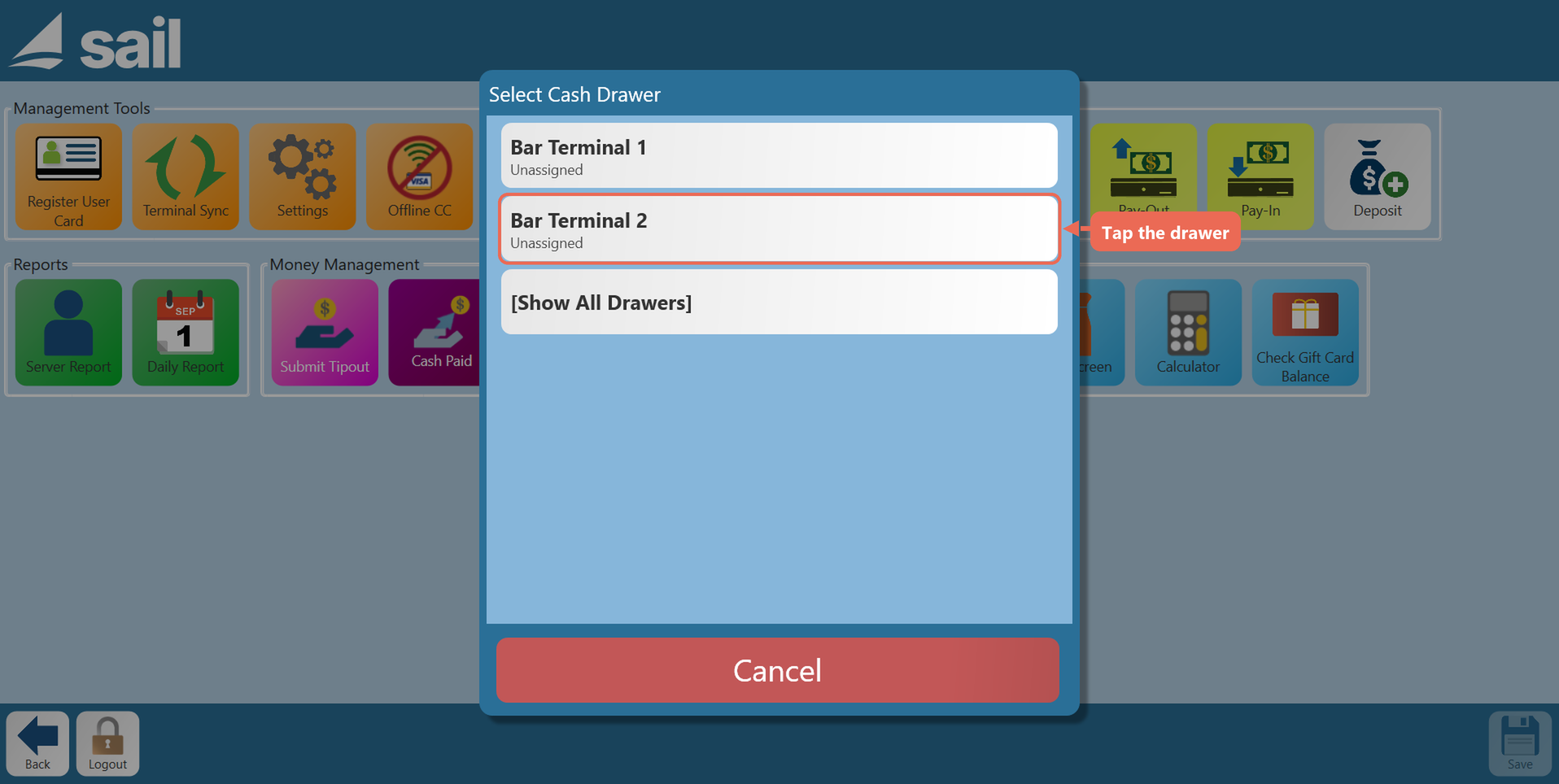 The Select Cash Drawer list with Bar Terminal 2, Unassigned, boxed