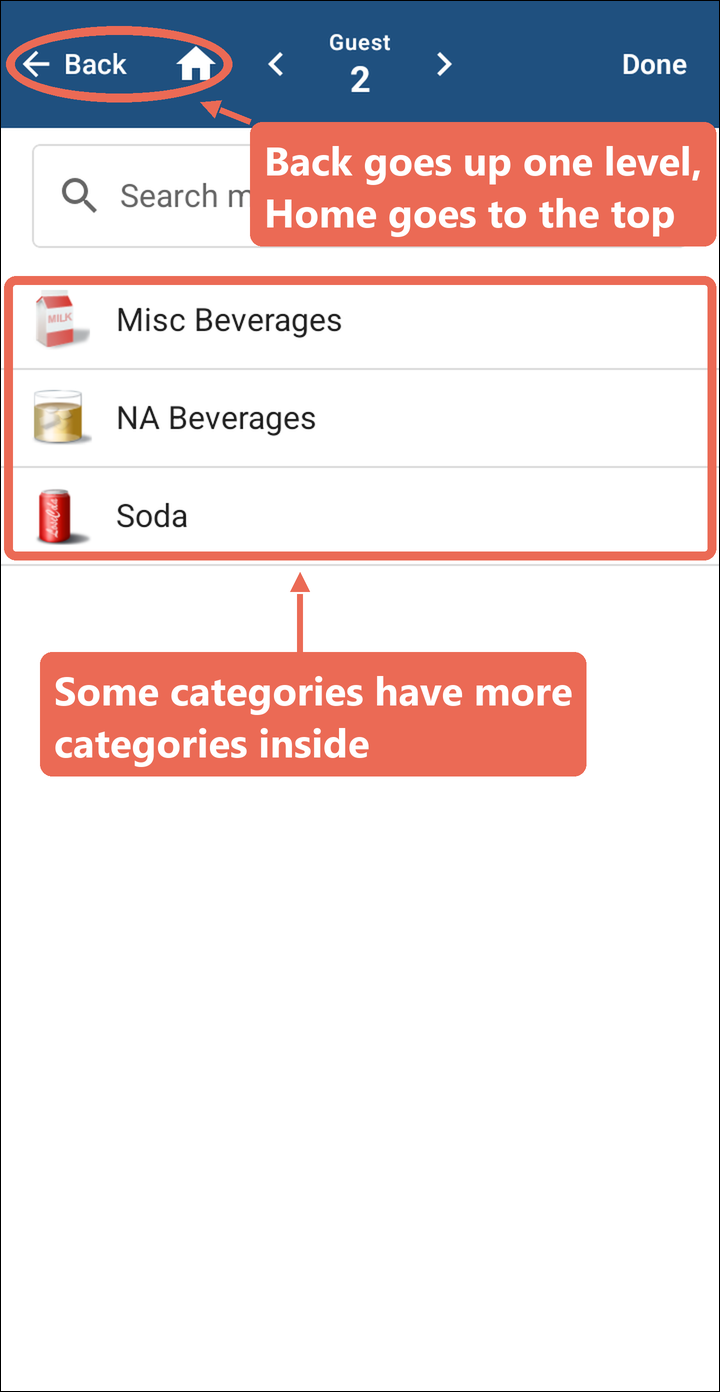 Inside Beverages: the Misc Beverages, NA Beverages and Soda categories marked, and the Back and house buttons at the top marked