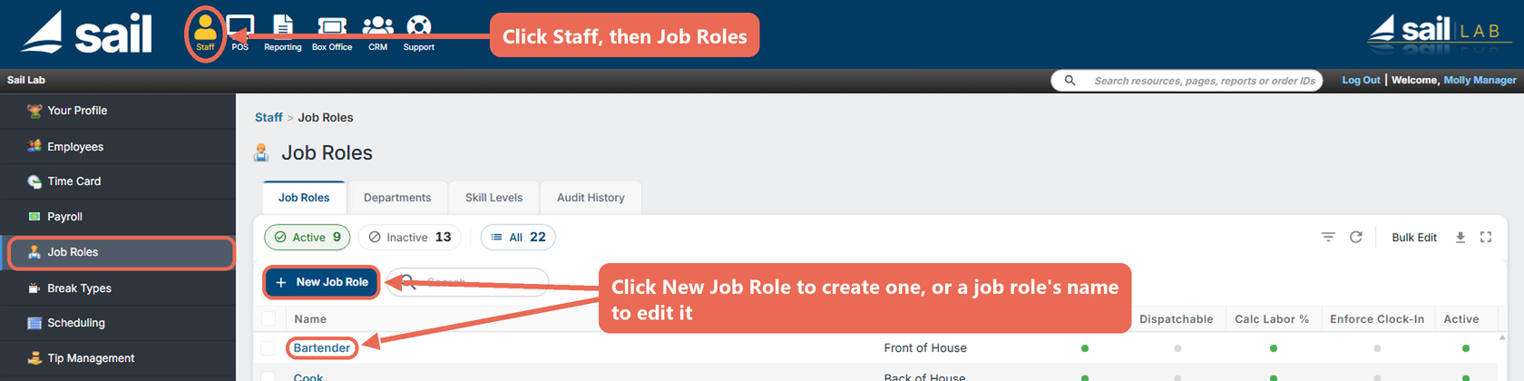 Backoffice Staff, Job Roles: Staff and Job Roles marked, with the New Job Role button and a job role's name marked
