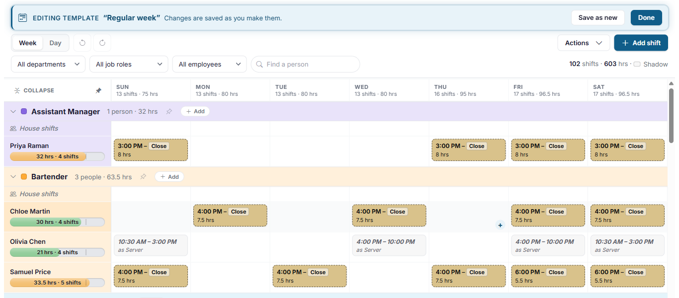 The Regular week template open on the schedule, under the Editing template bar with Save as new and Done