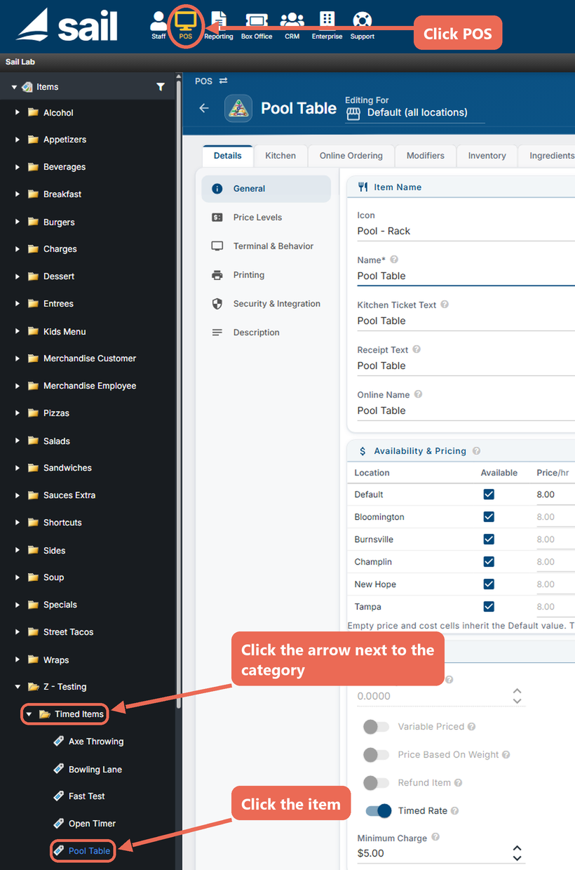 Backoffice with POS at the top marked, the arrow next to the Timed Items category marked and the Pool Table item marked