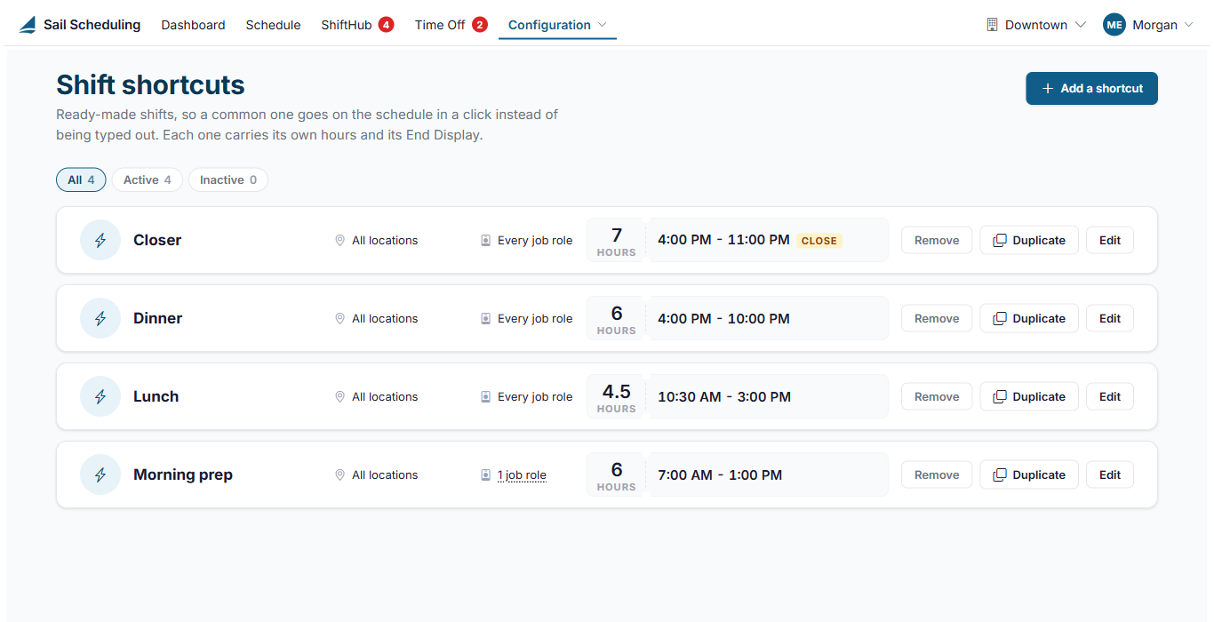 The Shift shortcuts page