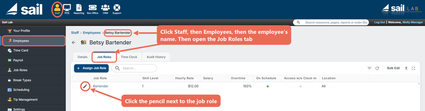 Backoffice Staff, Employees: an employee's Job Roles tab, with the pencil next to the Bartender job role marked