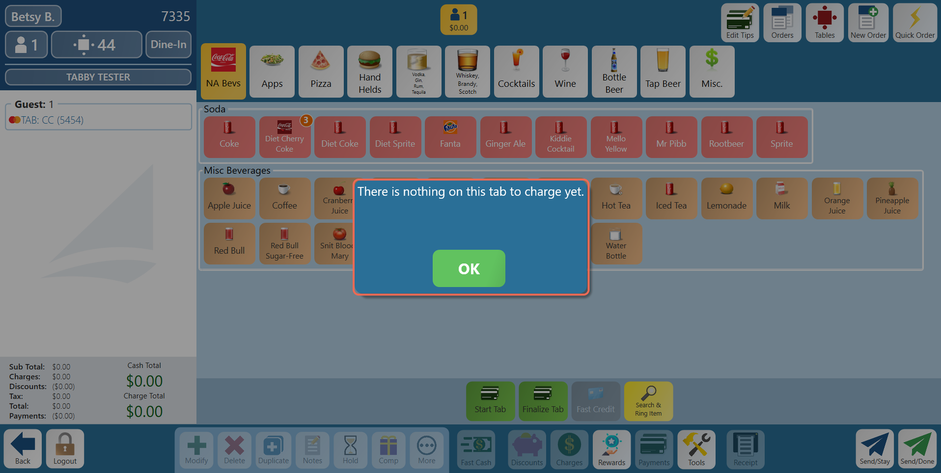 The message There is nothing on this tab to charge yet, on an empty order with a tab