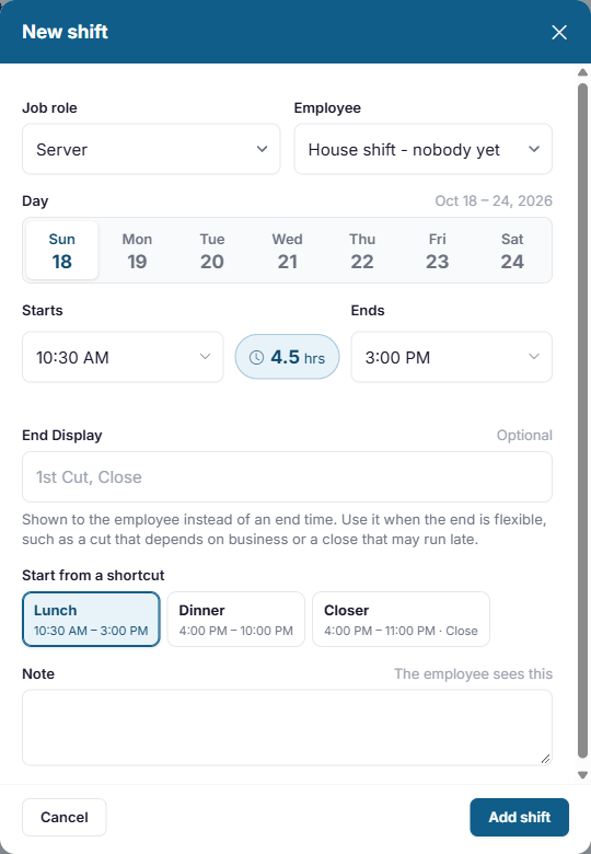 The New shift form with House shift - nobody yet chosen as the employee