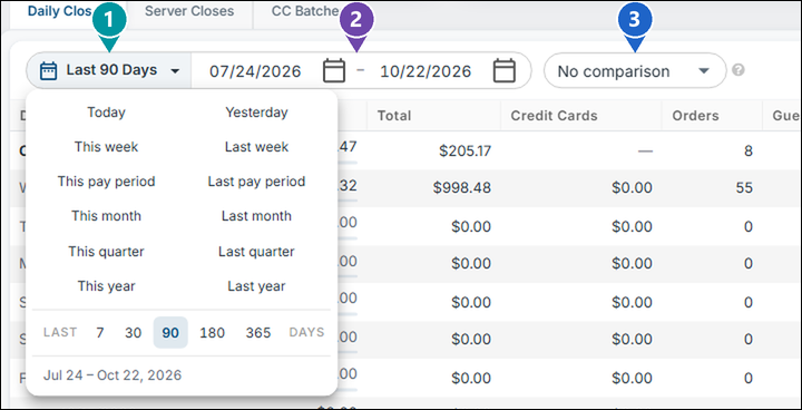 The date range menu open on the Daily Closes tab, with numbers on the menu button, the start and end dates and the comparison drop-down