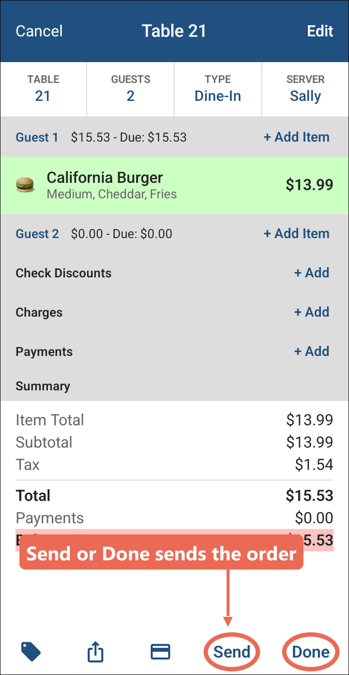 The order with the Send and Done buttons at the bottom marked