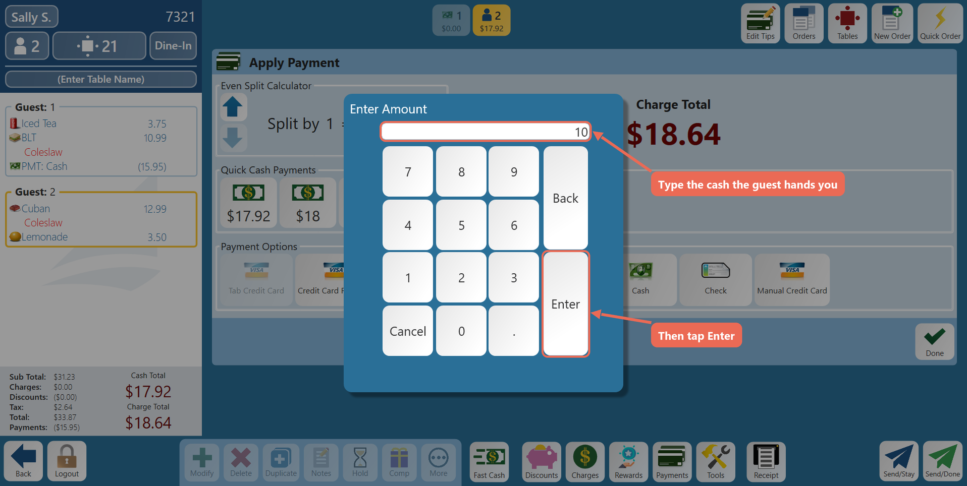 The Enter Amount keypad with 10 typed in, the amount and the Enter key boxed