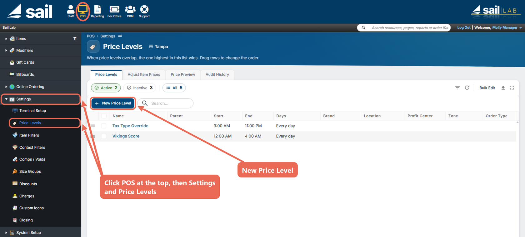 Backoffice with POS at the top, Settings and Price Levels in the left menu, and the New Price Level button marked on the Price Levels page