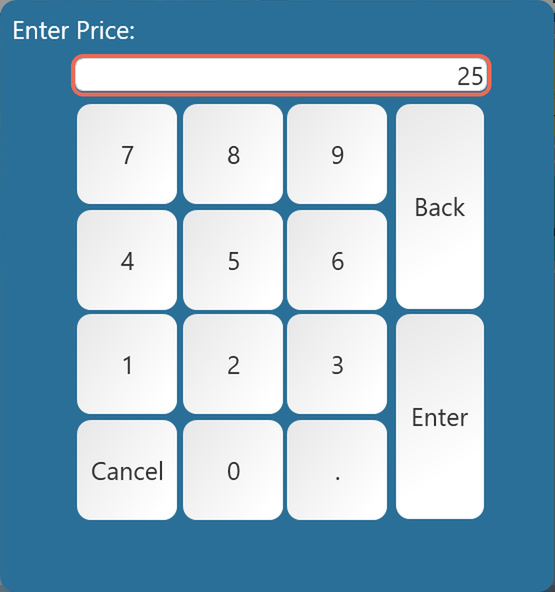 The Enter Price keypad with 25 typed in
