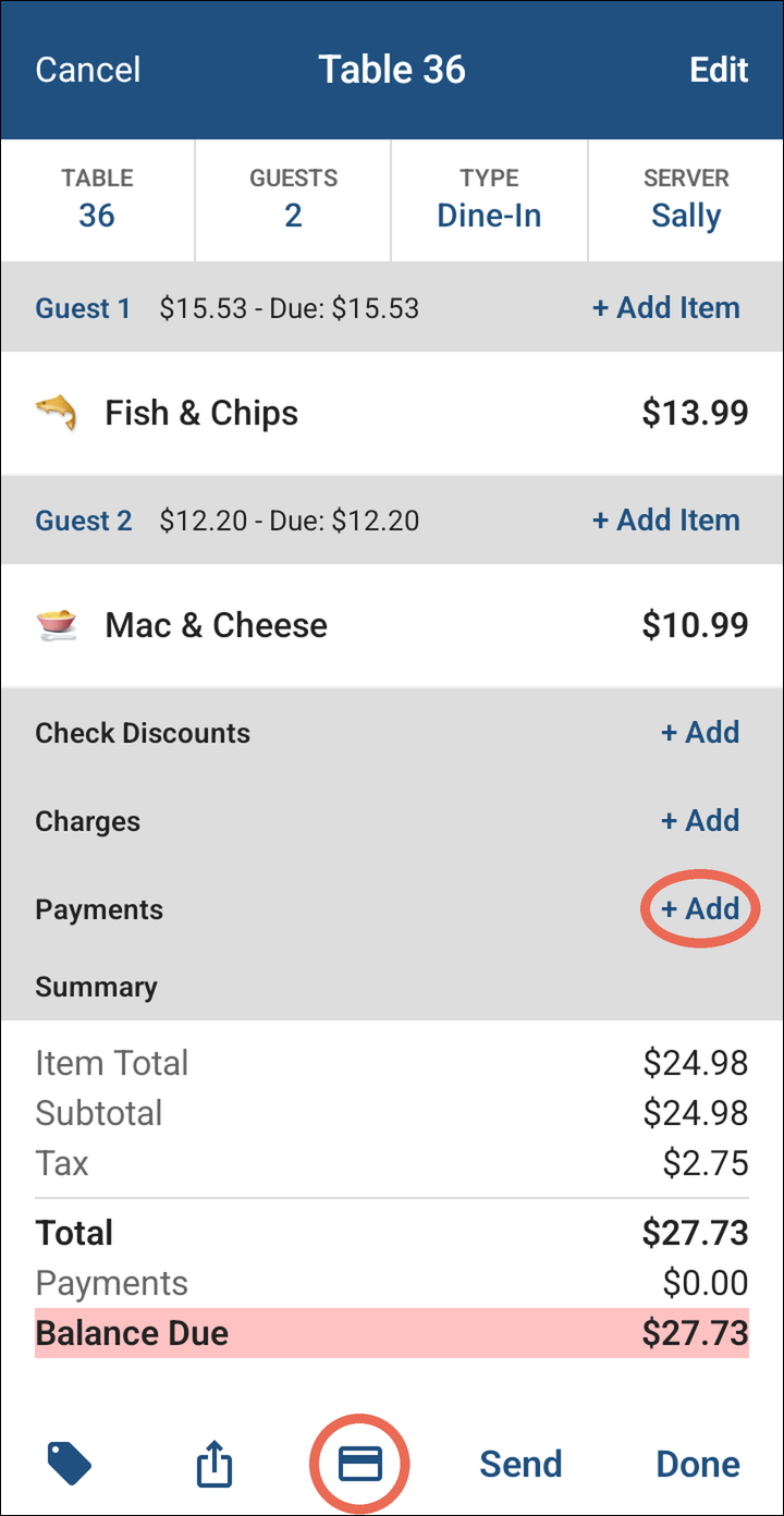 An open order for Table 36 with the card icon at the bottom and + Add next to Payments marked