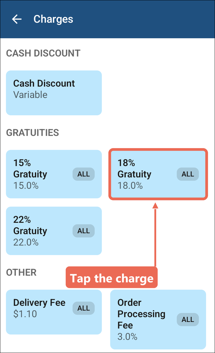The Charges list with 18% Gratuity marked