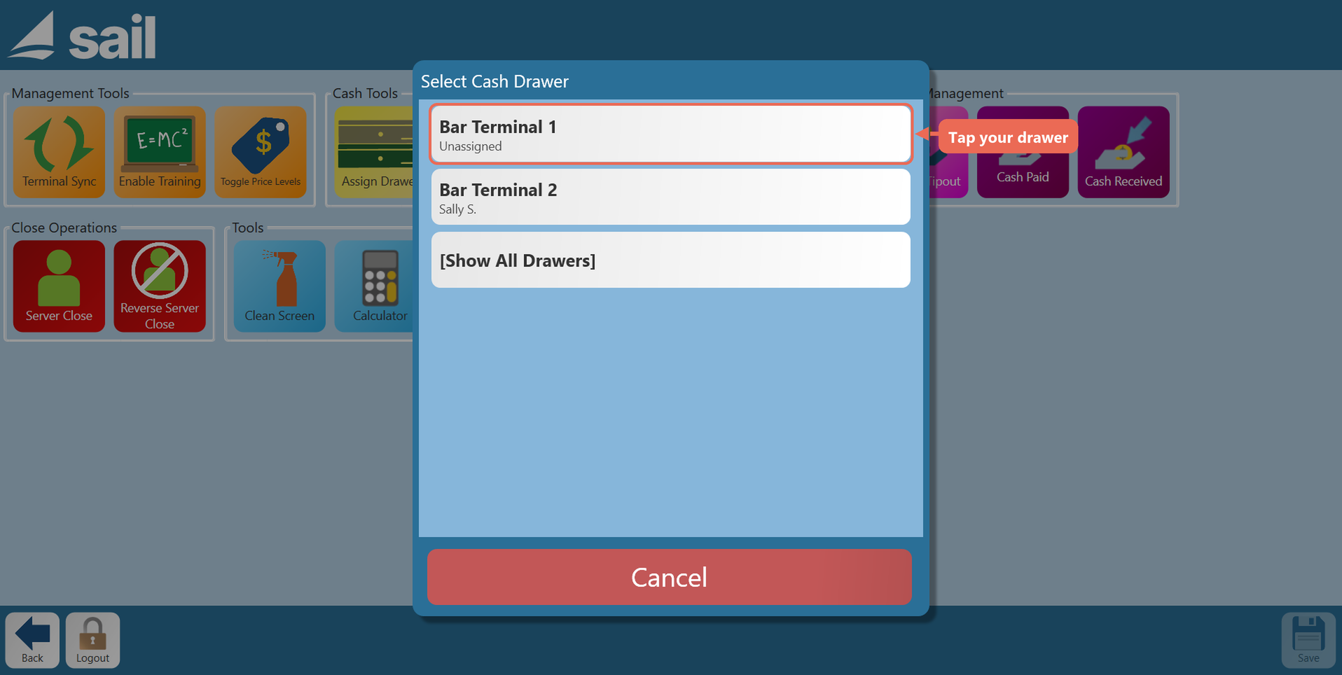 The Select Cash Drawer list with Bar Terminal 1, Unassigned, boxed