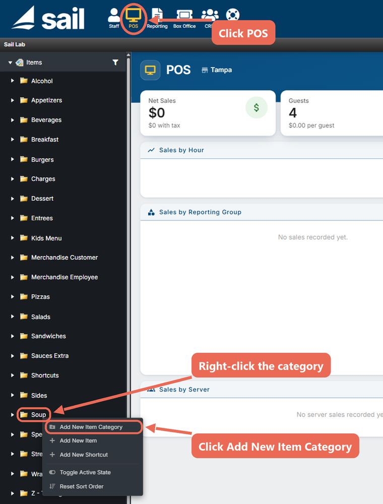 Backoffice with POS at the top marked, the Soup category right-clicked in the item list, and Add New Item Category marked in the menu that opens