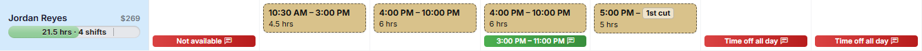 An employee's row on the schedule, with Time off all day on Friday and Saturday