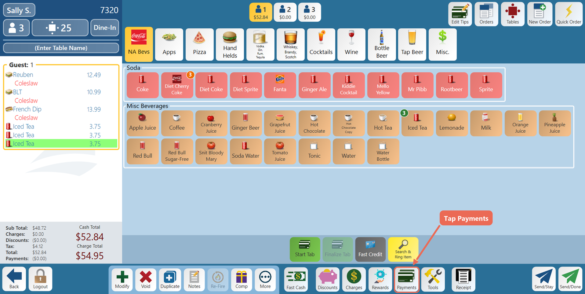 An order screen with three sandwiches and three iced teas, the Payments button boxed