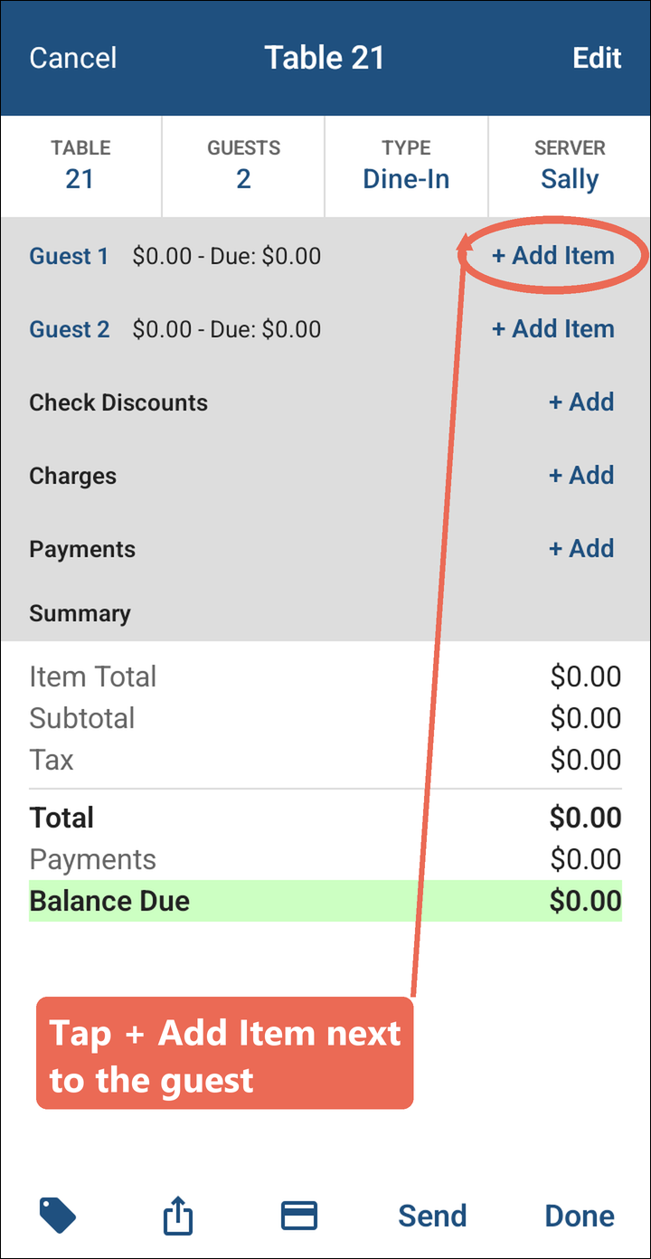 The order for Table 21 with + Add Item next to Guest 1 marked