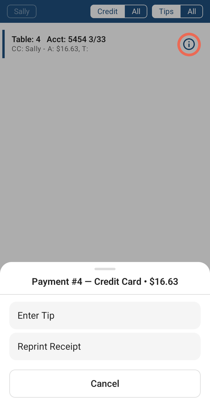 The i icon marked, with Enter Tip, Reprint Receipt and Cancel