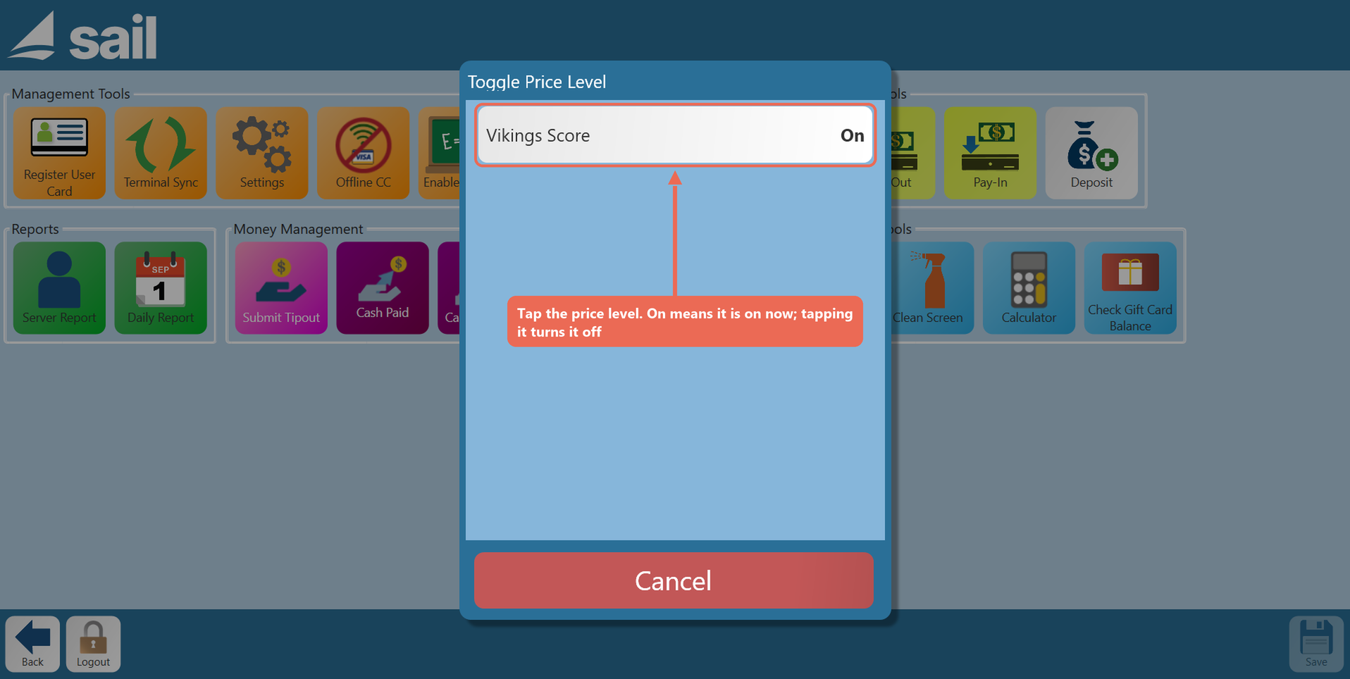 The Toggle Price Level list on the terminal with the Vikings Score price level marked, showing On
