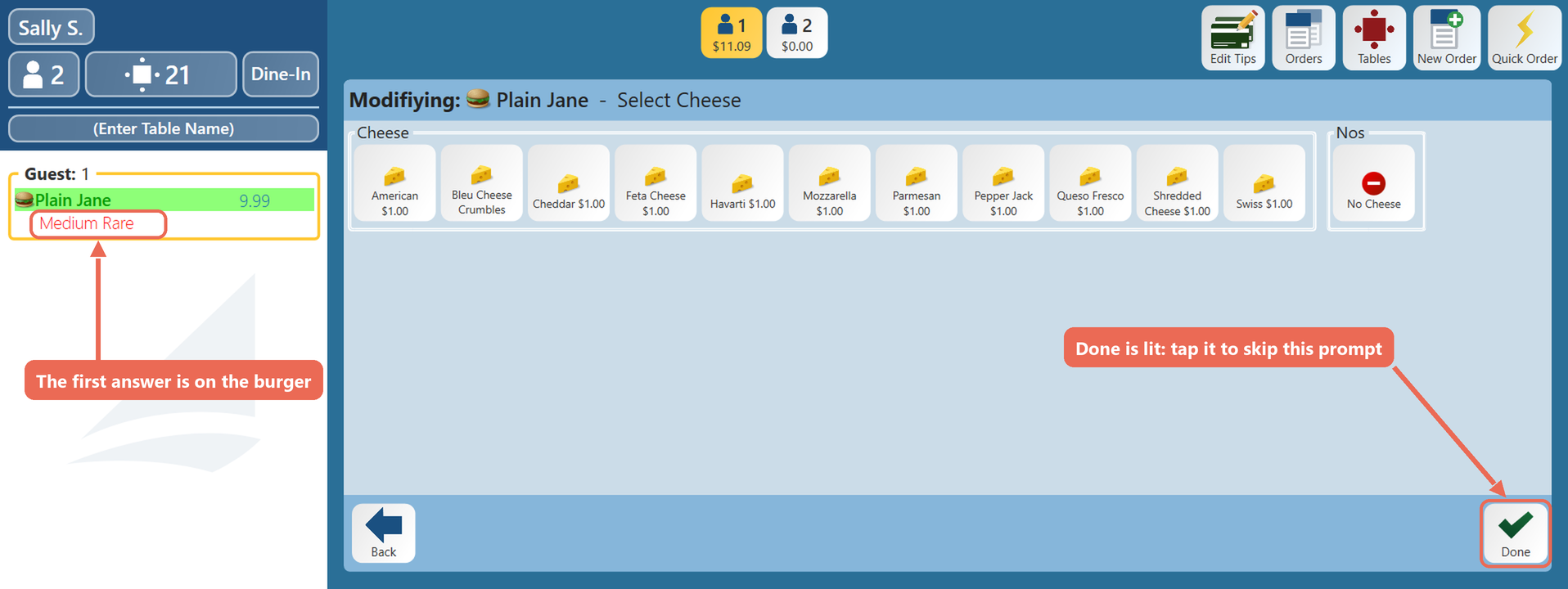 The Select Cheese prompt with Done lit and boxed, and the answer to the first prompt, Medium Rare, boxed under the burger on the order