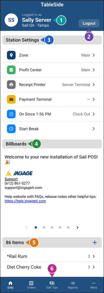 The whole Welcome screen with numbered markers: your name and location, Logout, Station Settings, Billboards, 86 Items and the bottom bar