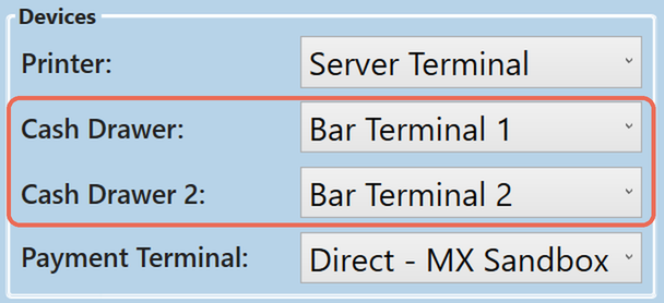 The Devices box of the terminal's Settings screen with Cash Drawer set to Bar Terminal 1 and Cash Drawer 2 set to Bar Terminal 2, both boxed