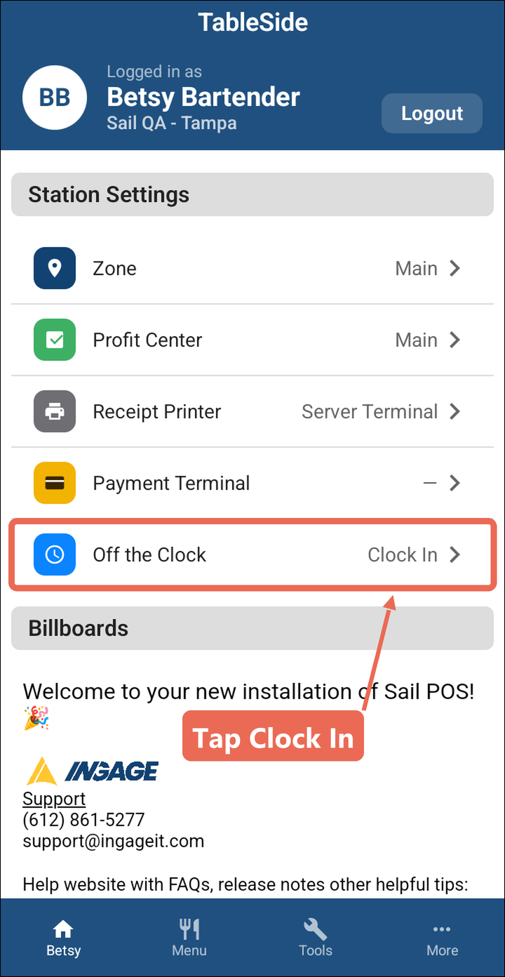 The home screen with the Off the Clock, Clock In row marked